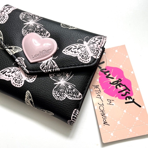 NWT BETSEY JOHNSON Black Butterfly Trifold Wallet w/ Pink Heart Insect Wings - Picture 1 of 5